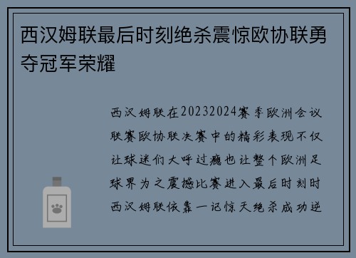 西汉姆联最后时刻绝杀震惊欧协联勇夺冠军荣耀